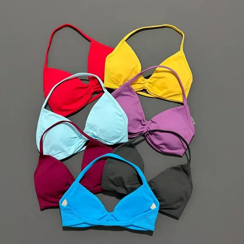 HISTELLO Strappy Bra Gym Top Women High Support Thin Strap Halter Sports Seamless Bras Scrunch Push-up Workout Yoga Tank Tops